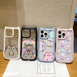 Leuke Grappige Cartoon Kat P-Pusheens Telefoonhoesje Voor Iphone 16 15 14 13 12 11 Pro Max Transparant Hard Acryl Zachte Siliconen Bumper