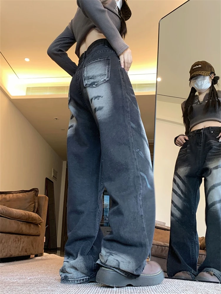 Damskie jeansy vintage z graffiti, białe, z falą, z wysokim stanem, proste, spodnie w stylu vintage z lat 90., streetwear, casualowe spodnie denimowe Y2K