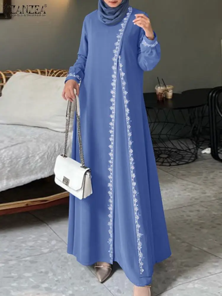 2024 ZANZEA Fashion Long Sleeve Lace Crochet Maxi Sundress Muslim Fashion Dress Abaya Dubai Vestidos Robe Femme Islamic Clothing