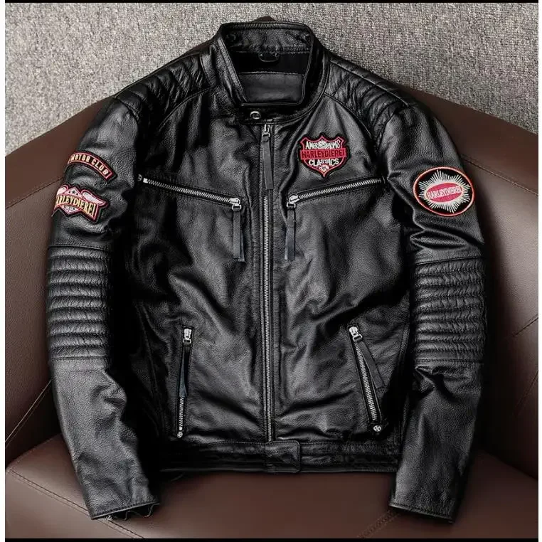 LNY Shop Best.Cool Motor Rider real leather jacket,Mens Vintage leather coat.slim fit natural cowhide clothes.Classic biker