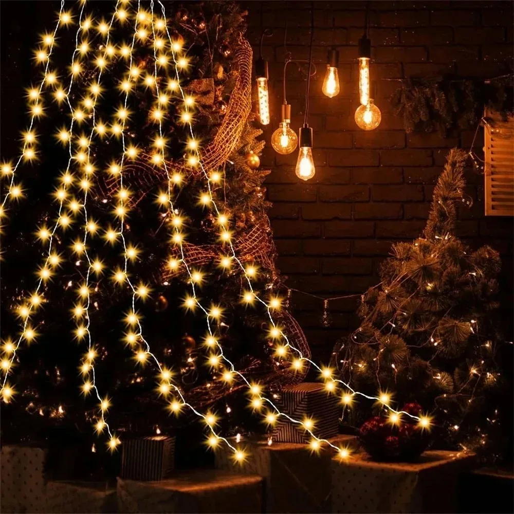 LED Christmas Tree Top Ring Light Waterfall String Outdoor Waterproof Garden Patio Decoration Warm White