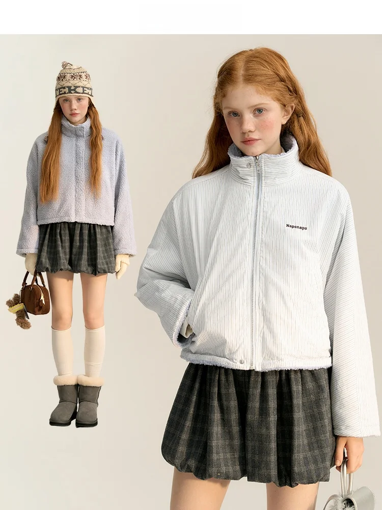 

NAPSNAPS Women's ort Warm Cotton Jaet Lamb Fur Collar Zipper Closure Striped Pattern Autumn Winter Outerwear Coat