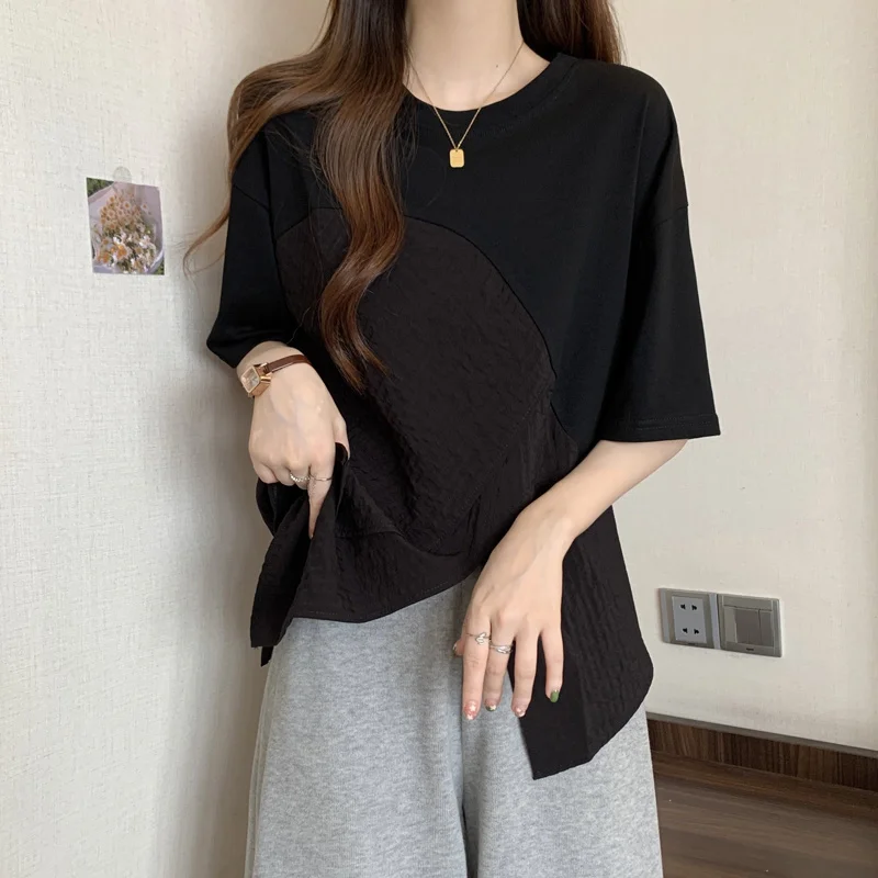 Women\'s Clothing Fashion Irregular T-shirt Asymmetrical Spliced Summer Korean Short Sleeve Solid Color Casual O-Neck Pullovers