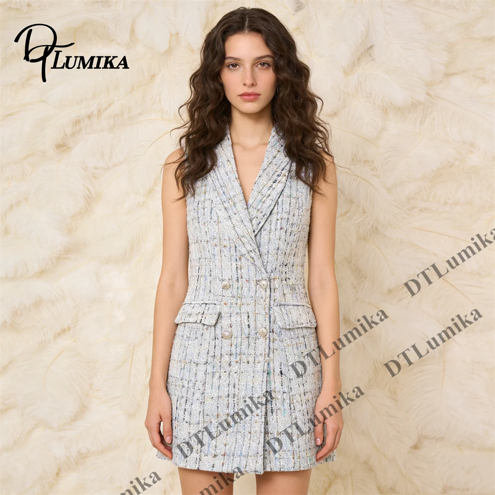 

Твидовое мини-платье-блейзер без рукавов с отложным воротником и двубортной застежкой для офиса, вечеринок и работы, элегантный образ