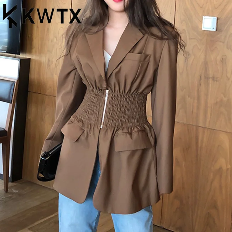 

KWTX 2025 SS Women’s Casual Blazer Golden Brown Pleated Waist Zipper Pockets Vintage Chic Elegant Luxury Premium Designer Jacket