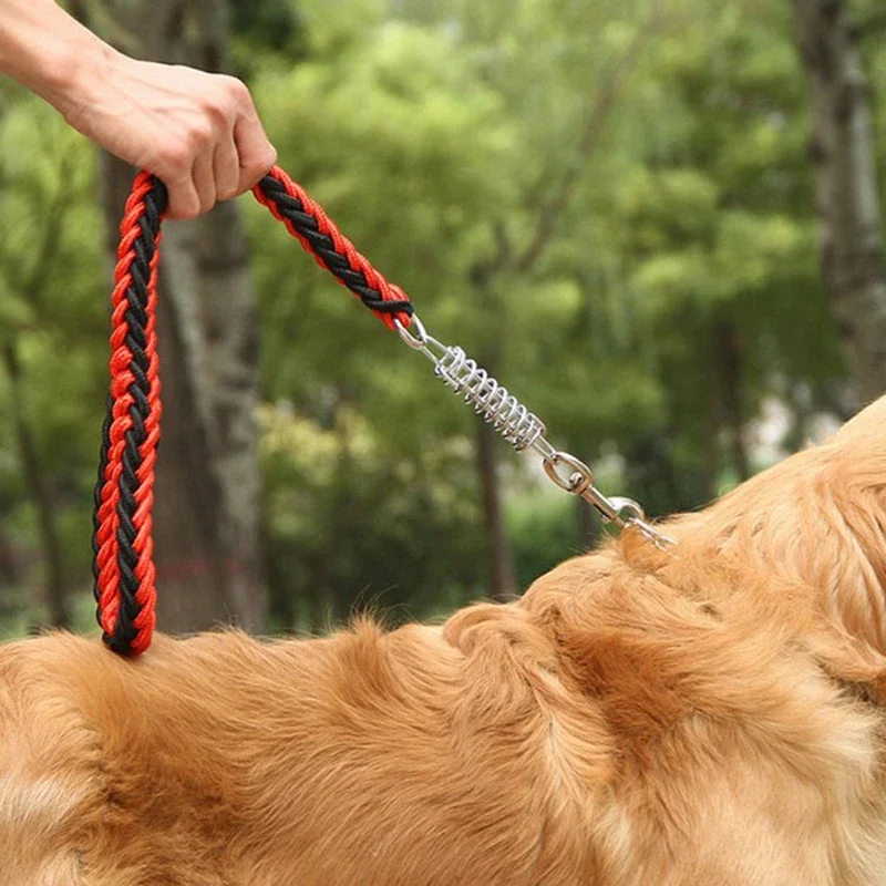 Short Explosion-proof Dog Leash Shock Absorb Spring Stainless Steel Nylon Braided Lead Pet Rope for Large Dogs Walking Training