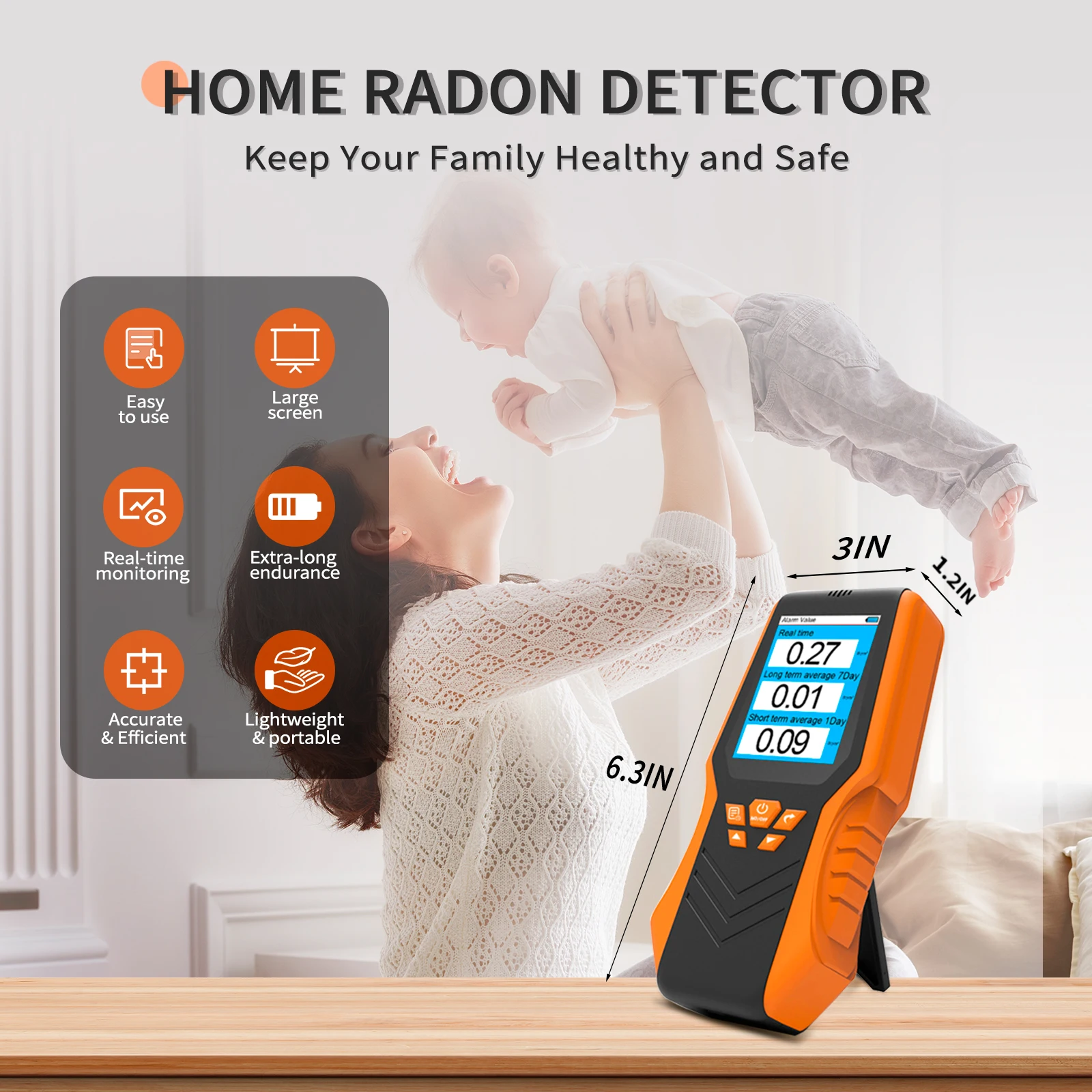 

DM68R Radon Gas Detector Rechargeable Radon Gas Monitor 0.3-270 pCi/LProfessional Radon Meter for Home and Office Use