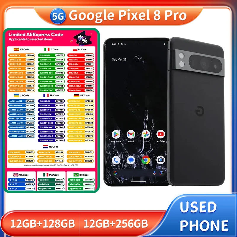 هاتف Google Pixel 8 Pro 5G الذكي 6.7 بوصة 3120x1440px بطارية 5003mAh Google Tensor G3 هاتف مستعمل