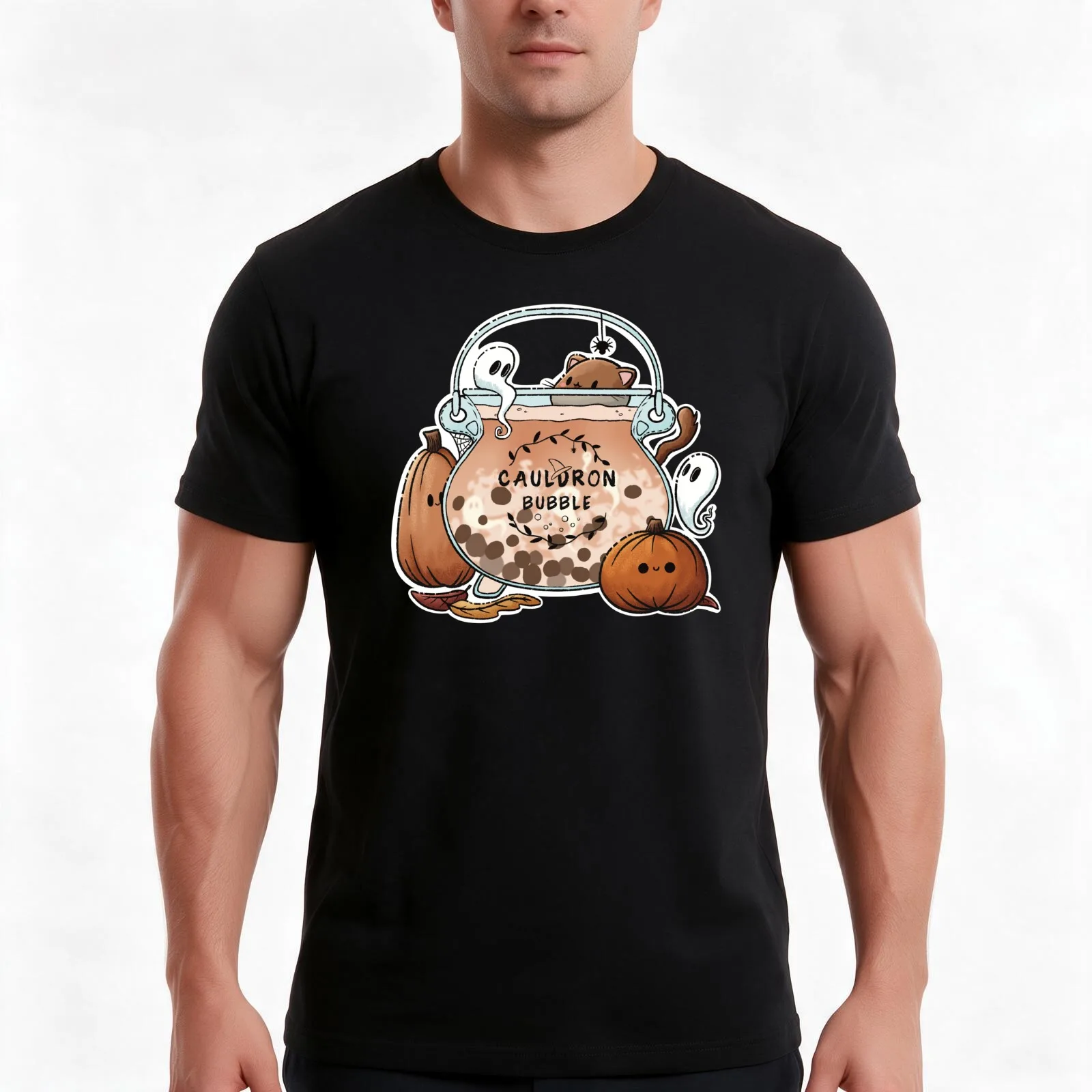 Fall Cauldron Bubble Tea T-Shirt, Summer Casual Cotton Tee, Oversized Streetwear Tops, Vintage Graphic Print, Unisex Men Women