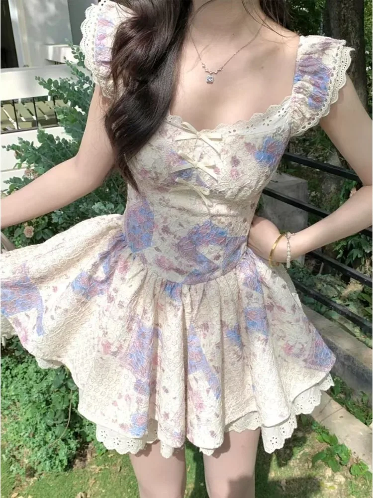 

Sweet Flying Sleeve Fairy Floral Dress Women Casual Vintage Korean Slim Mini Dress Female 2025 Summer Sexy Evening Party Dresses