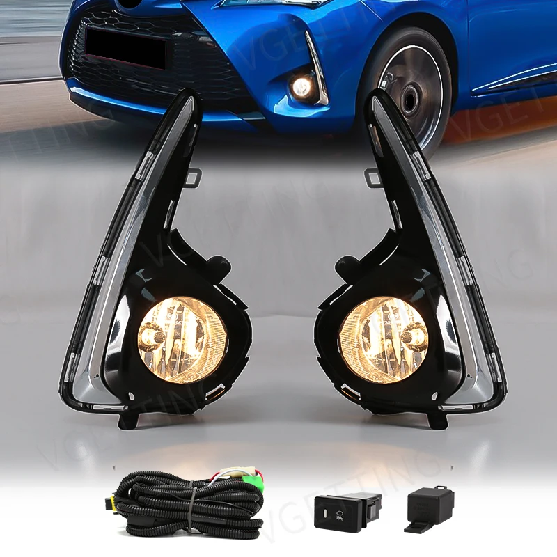 For Toyota Yaris Vitz Fog Lamp Led Light Angel Eyes DRL Daytime Running Turn Signal Yellow White Chrome Trim 2018 2019 2020