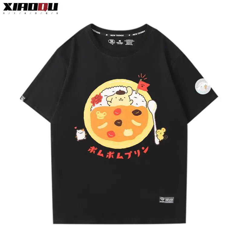 

Хлопковая футболка с помпоном Purin Cinnamoroll, модная одежда для пар Sanrio, круглый вырез, короткий рукав, мультяшный короткий рукав, студентка для девочек