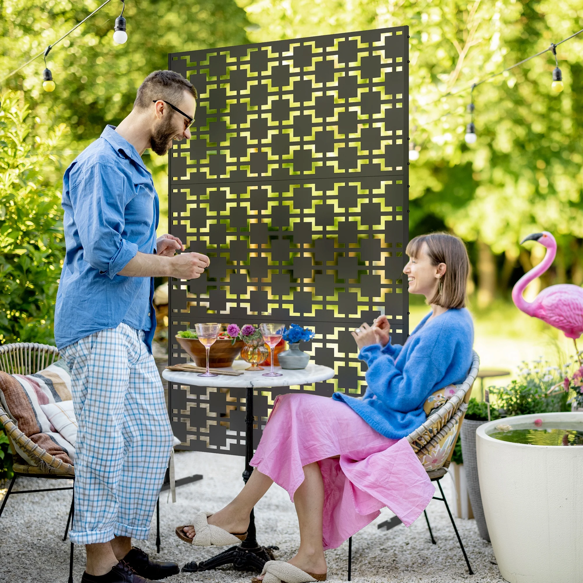 Outsunny Decorative Privacy Screen with Stand, 6.5FT Freestanding Metal Outdoor Divider, Decorative Privacy Panel with Screws