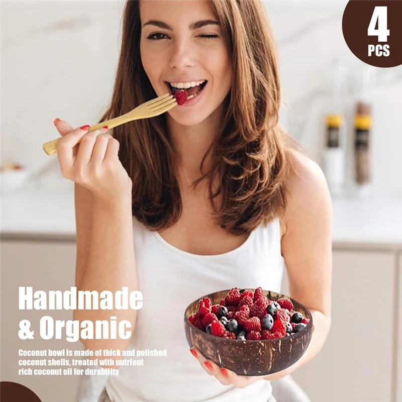 AA01-1 Juego de cuencos de cáscara de coco Natural con cuchara y soporte adecuados para helados, postres, arroz, aperitivos y nueces