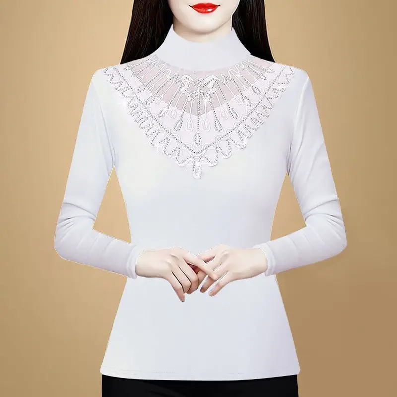 

Slimming Long Sve Lace irt Women's Base Layer Top f High Collar Versatile Fashionable Autumn Winter New TT105