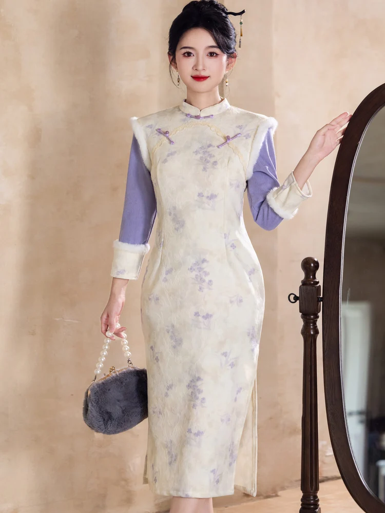 

Новое китайское зимнее теплое платье-ципао для молодых женщин с длинным рукавом, имитация двух частей, в национальном стиле, миди, с цветочным узором