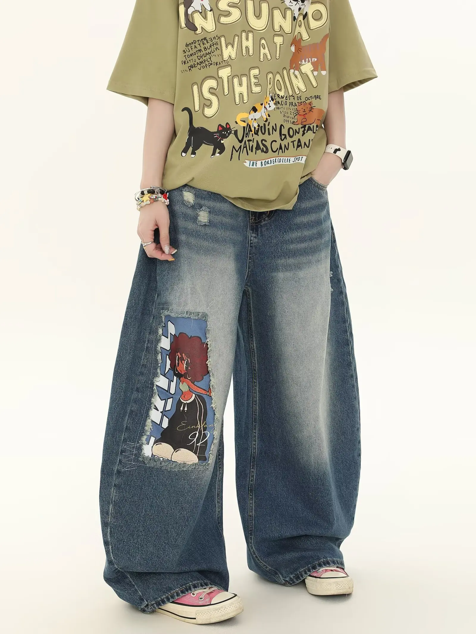 

Baggy Jeans Autumn Women Jeans Cartoon Patch Design Pockets Washed Denim Vintage High Street Versatile Casual Wide Leg Pants