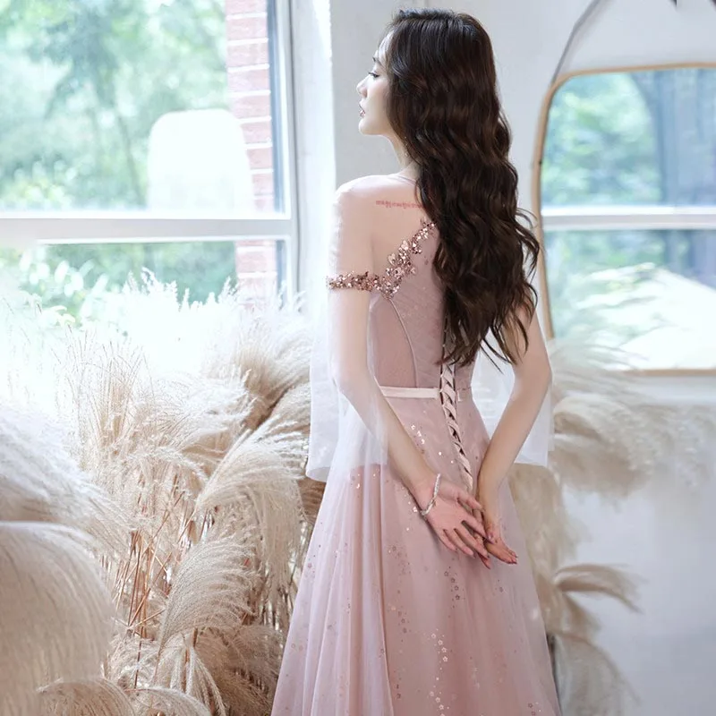 Evening Dress Pink O-Neck Short Sleeves Elegant Floor-Length Sequins Lace Up A-Line Pleat Tulle Woman Formal Party Gown A2478