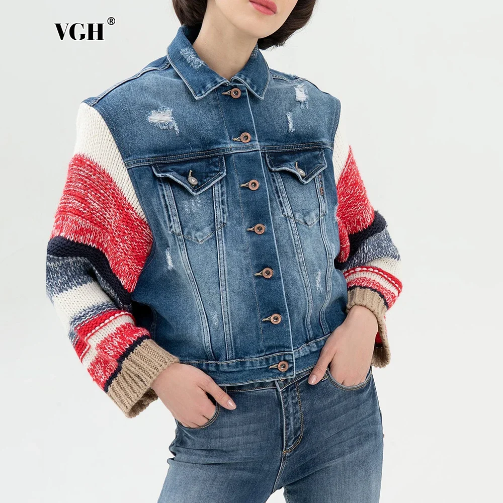 VGH Streetwear Patchwork Knitted Loose Jacket for Women Lapel Long Sleeve Spliced Single Breasted Colorblock Coats Female Spring