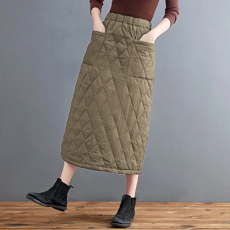 Thickened Cotton A-Line Midi Skirt Windproof Winter Long Skirt Half-length Casual Elastic Waist Pure Color Commute Style