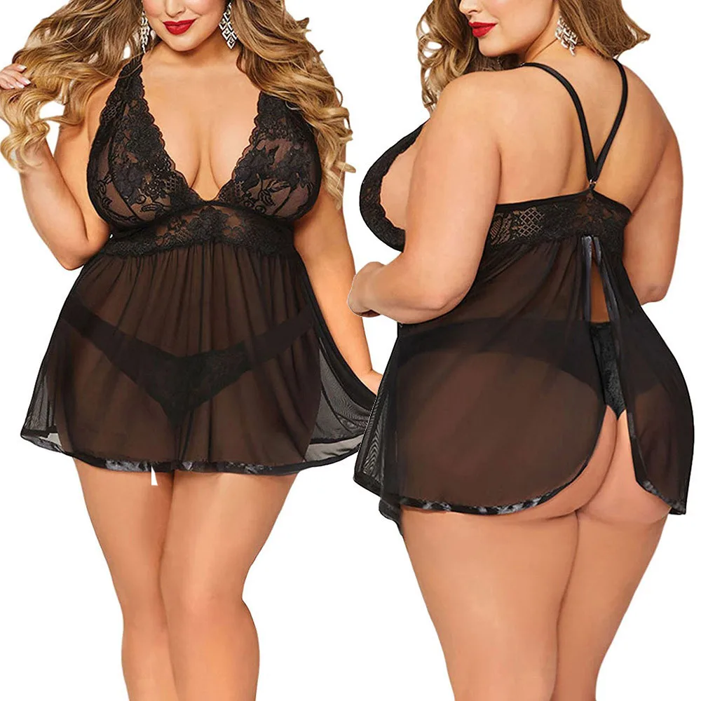 

Plus Size 5XL Erotic Lingerie Sex Babydoll Dress Transparent Lace Women's Nightie Sexy Underwear V-neck Sleeveless Sex Sleepwear