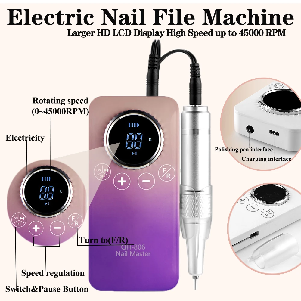 Professionele 45000 RPM oplaadbare nagelboormachine Elektrische draagbare nagelboren voor gelnagels Polish nagelvijl manicure tool