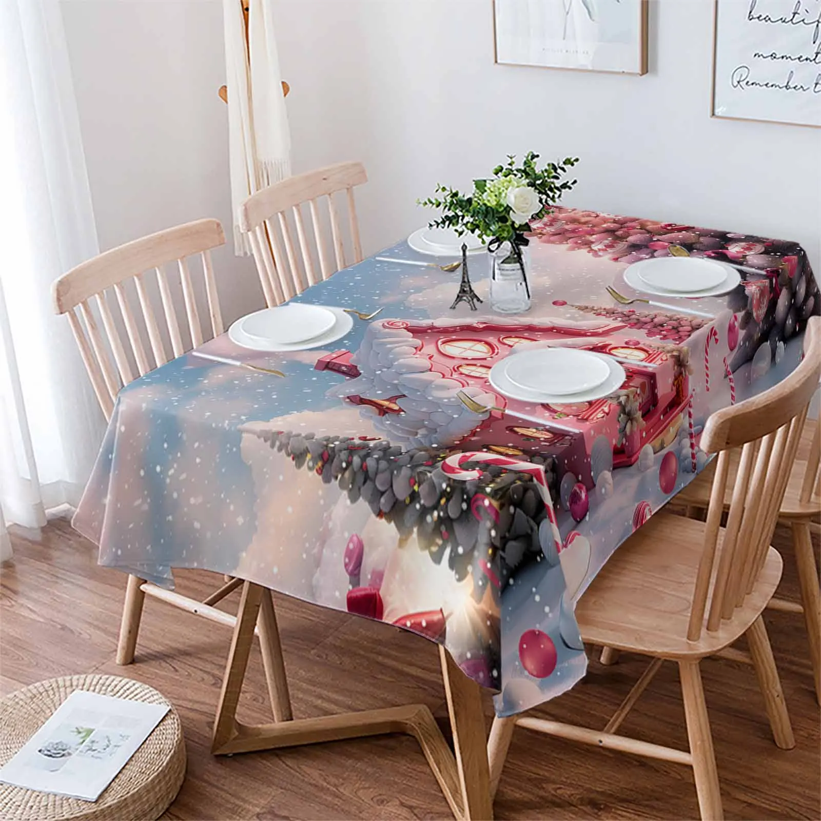 Christmas Candy House Snow View Countryside Tablecloths Waterproof Kitchen Coffee Table For Living Room Home Decor Dining Table