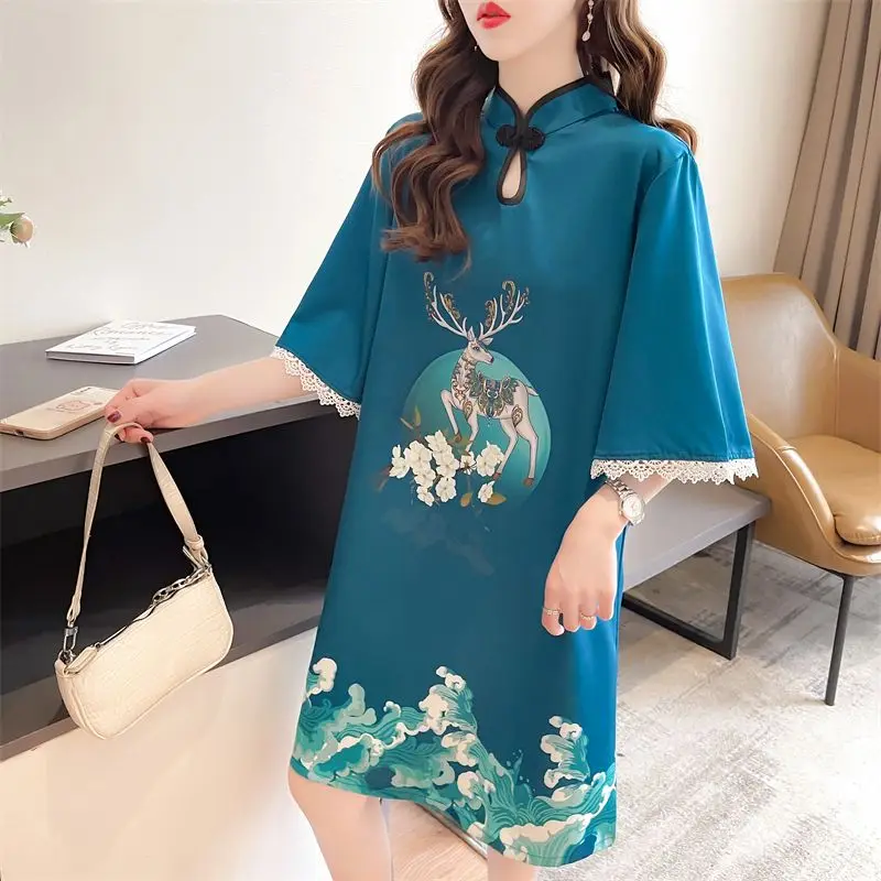 Vintage Chinese Style Summer Women\'s Stand Collar Button Printing Spliced Fashion Versatile Loose Short Sleeve Mid Length Dress