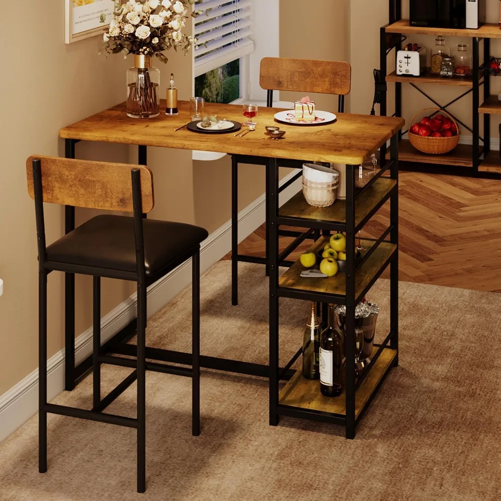 

Dining Table Set for 2, Bar Table and Chairs for 2, Kitchen Table Set with 2 Upholstered Chairs, 3 Large Storage Shelves, Pub T