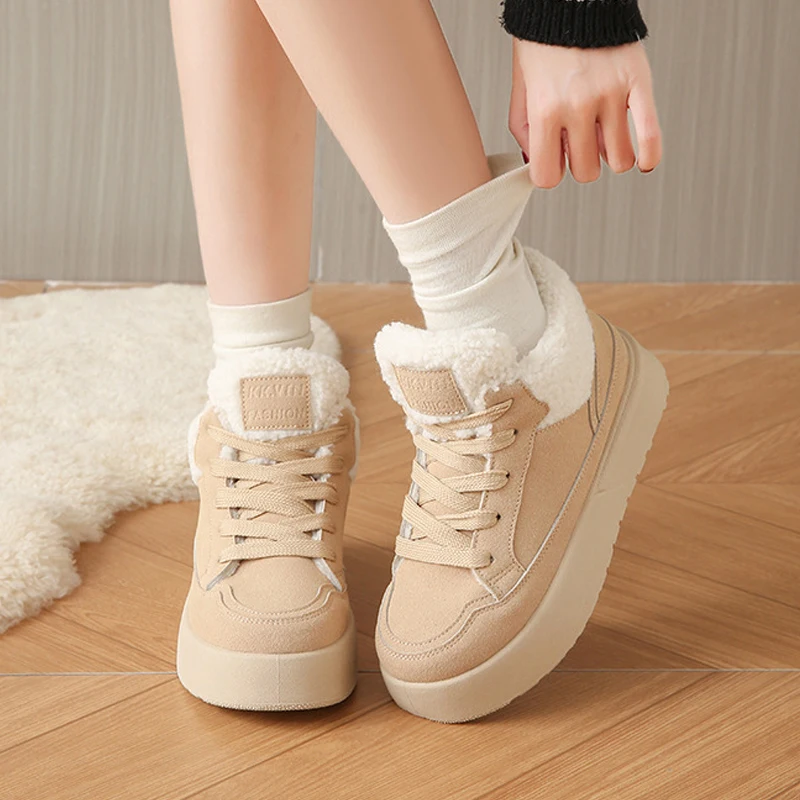 الشتاء الثلوج الأحذية النسائية الجلد المدبوغ سميكة الدافئة أحذية قطنية الحرارية الصوف مبطن عالية أعلى أحذية رياضية منصة الموضة حذاء من الجلد #3