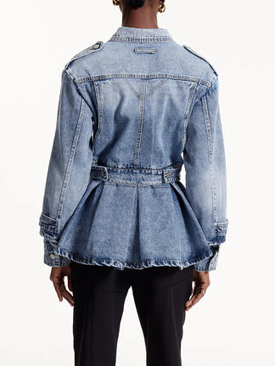 VGH Casual Ruffle Solid Denim Jackets For Women Lapel Long Sleeve Spliced Button Spring Temperament Jacket Female Fashion New