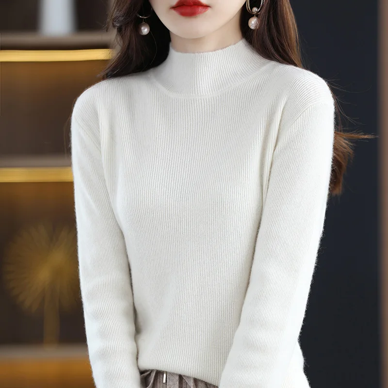 Hot selling Women Knitwear Cashmere blend Pullover Fashion Wool Sweater Half height collar Slim fit style Thick Warm Basics Tops