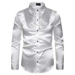 #4622 Long Sleeve Shirt Men Split Joint Sequins Night Club Mens Shirts Turn-down Collar Dress Shirt Black Gold White Blue Red