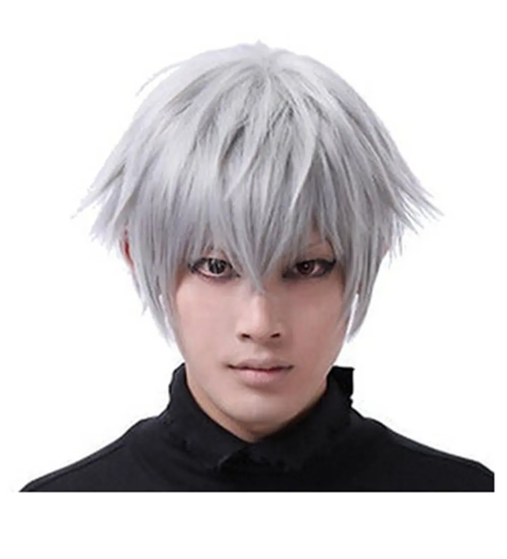 Peruka anime męska krótka kręcona wielofunkcyjna puszysta warstwowa do cosplay, odporna na ciepło, włókno syntetyczne, szara