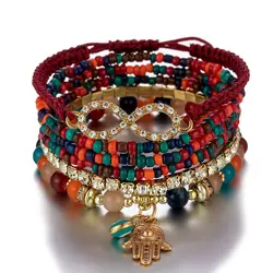 6Pcs Bohemian Hand Eye Beaded Bracelet Set For Women Crystal Geometric Charm Braided Rope Chain Bangle Female Boho Jewelry