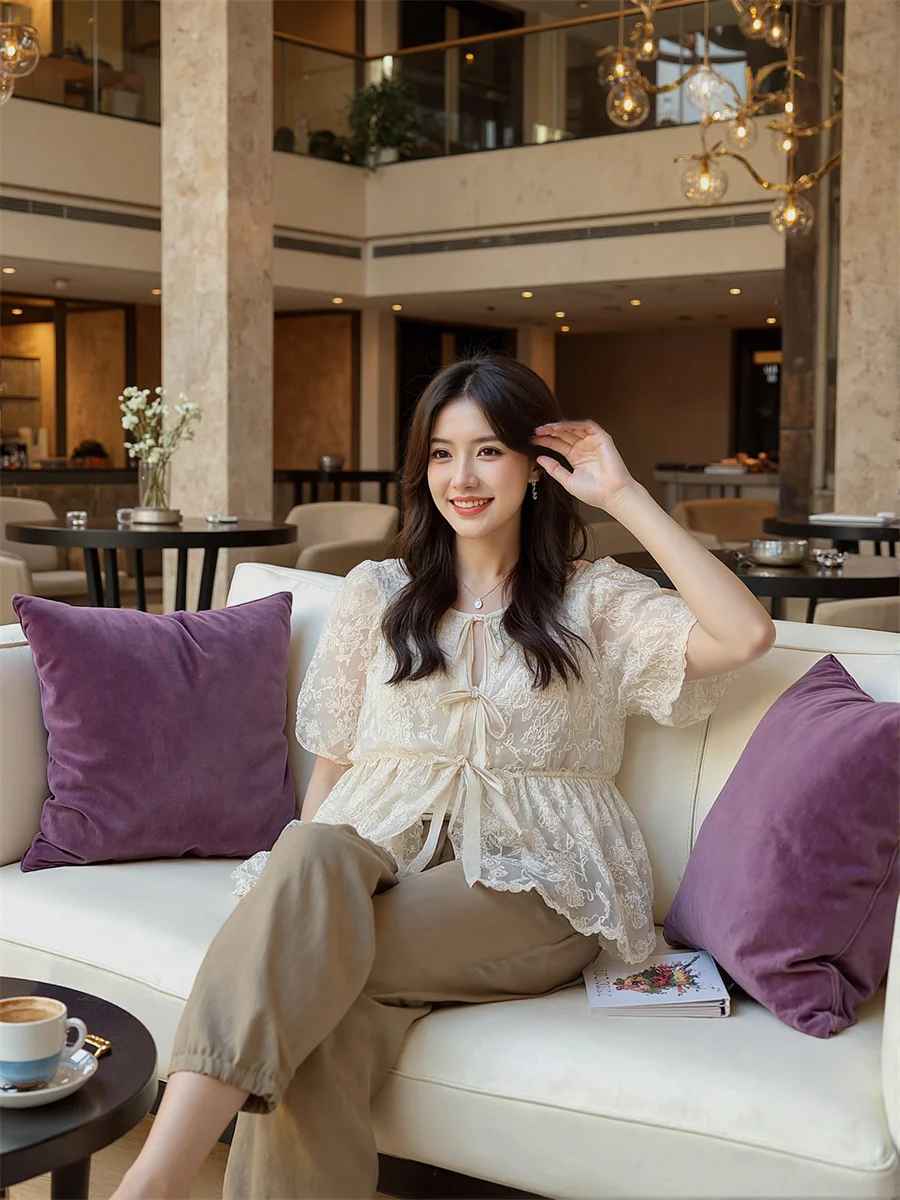 

O-Neck Puff Sleeve Shirts Blouses Elegant Women Top Autumn Real Breezy Teengirl Sparkly Apricot Spinning Grommet Edges Layer Ins