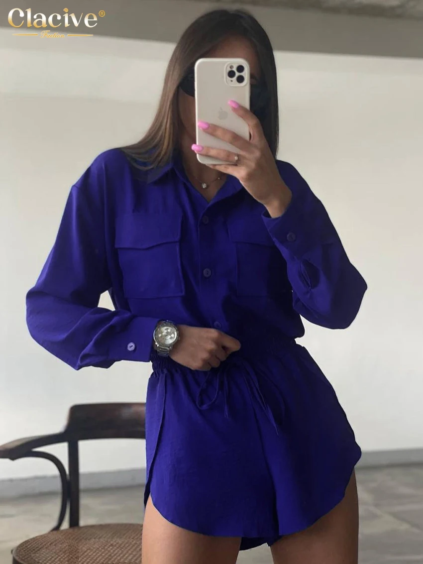

Clacive Fashion Loose Blue Women's Two Pieces Set 2024 Casual Long Sleeve Shirt With High Waist Shorts Set Female Streetwear
