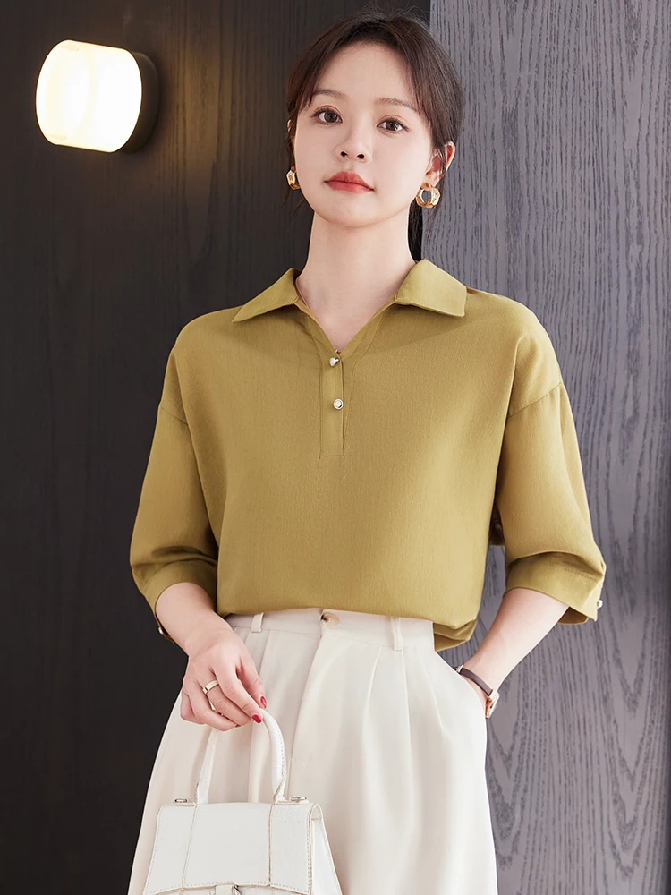 AIyssa-Professional Shirt for Women, Mid-Sleeve, Single-Piece Shirt, Elegant and Fashionable, Spring and Summer, 2024 New