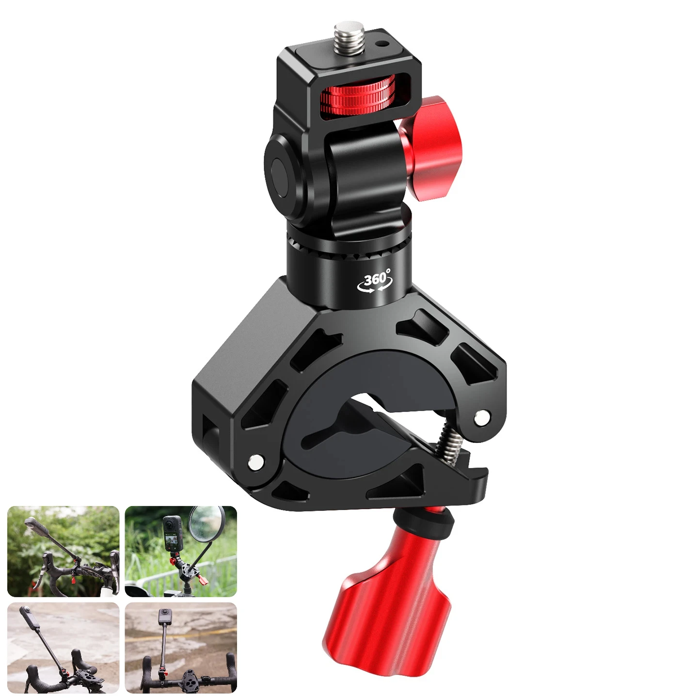 Handle Knob & Dual Gear Locking Shockproof Ballhead Camera Mount Bike Handlebar Clamp for Action Camera Monitor Cycling Bracket