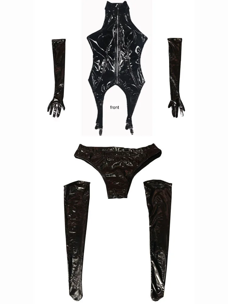 Wet Look PVC Catsuit, brilhante couro PU, Cosplay Outfit, Bodysuit Crotchless, calças justas, corpo sexy, cinto de liga, meias, luvas, 4pcs por conjunto