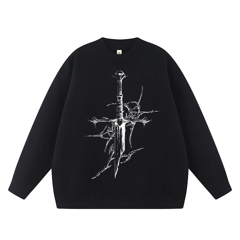 

Harajuku Gothic Casual Oversize Knit Jumpers Grunge Cartoon Anime Sweater Fashion Knitwear Y2k Aesthetic Black Loose Pullover