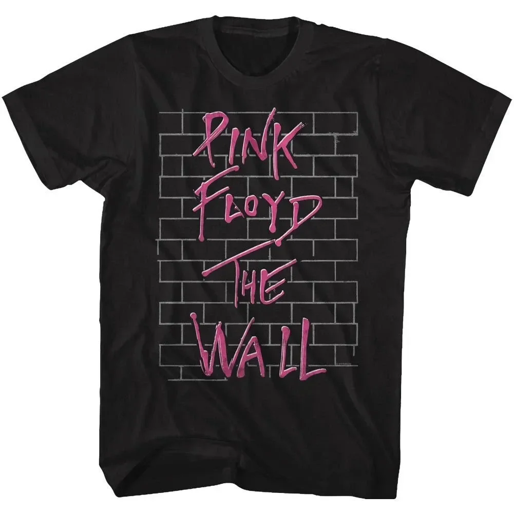Camiseta Masculina Vintage Oversized de Poliéster Preta The Wall do Pink Floyd, Estilo Clássico Rock, Gola Redonda, Manga Curta, para Homens e Mulheres