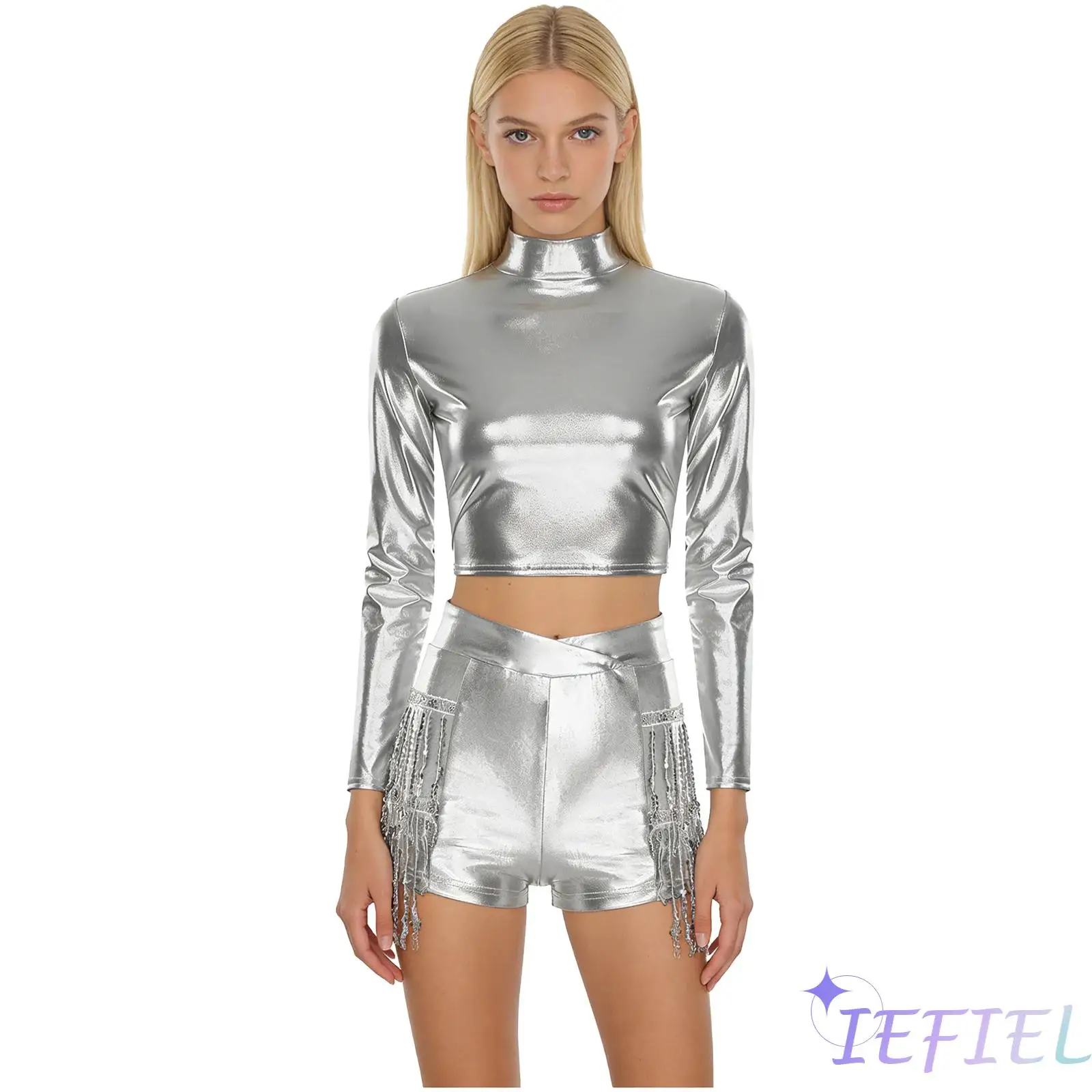 

Женская танцевальная одежда для джазовых вечеринок, укороченный топ с длинными рукавами и многоярусные шорты с кисточками и блестками для показа латинских танцев румбы