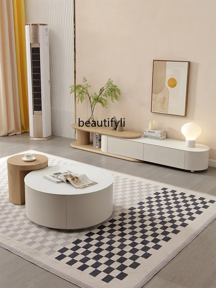 

White jade spar round coffee table TV cabinet combination living room simple home
