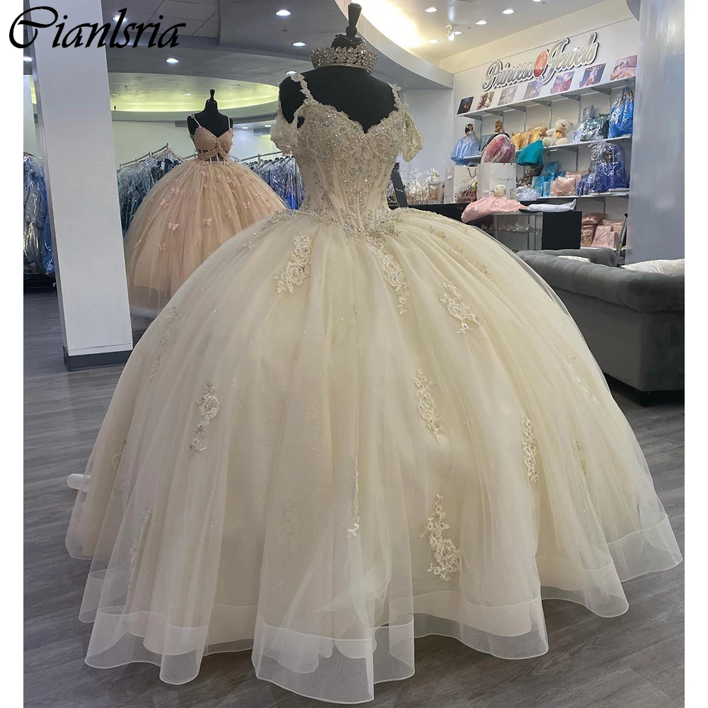 Vestido De Quinceañera De encaje con volantes, traje con tirantes finos, corsé con cuentas De cristal, color champán, 15 Años