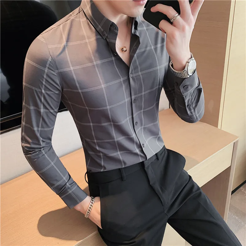 2023 Spring Business Casual Plaid Shirt Men\'s Formal Workwear Wedding Dress Slim Social Party Clothes Checked Shirt S-4XL