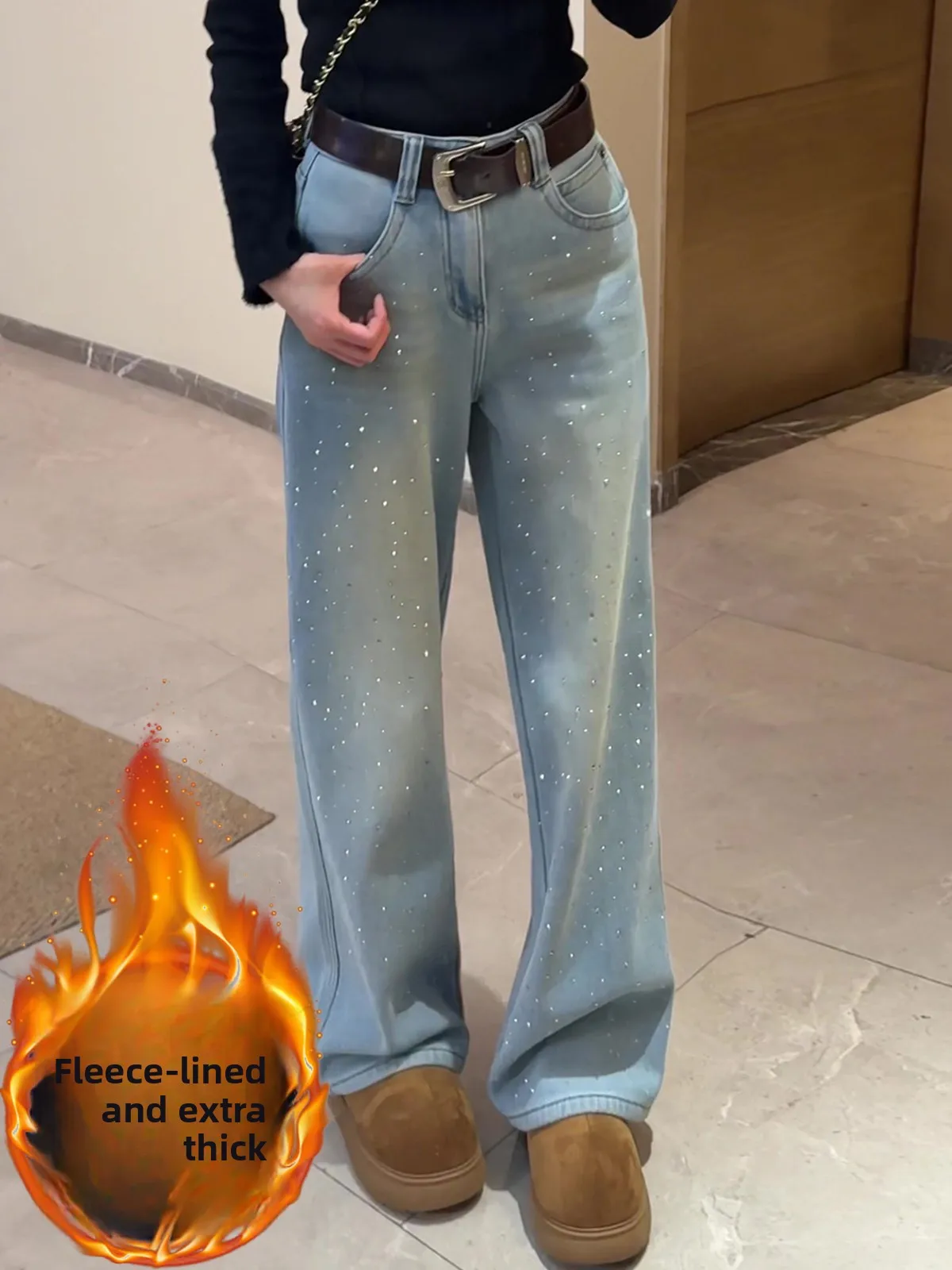

Premium Feel Star Rhinestone Fce Lined Wide Leg Slim Fit High Waist Denim Jeans Women's Faion Spring New Sle Long Legg...