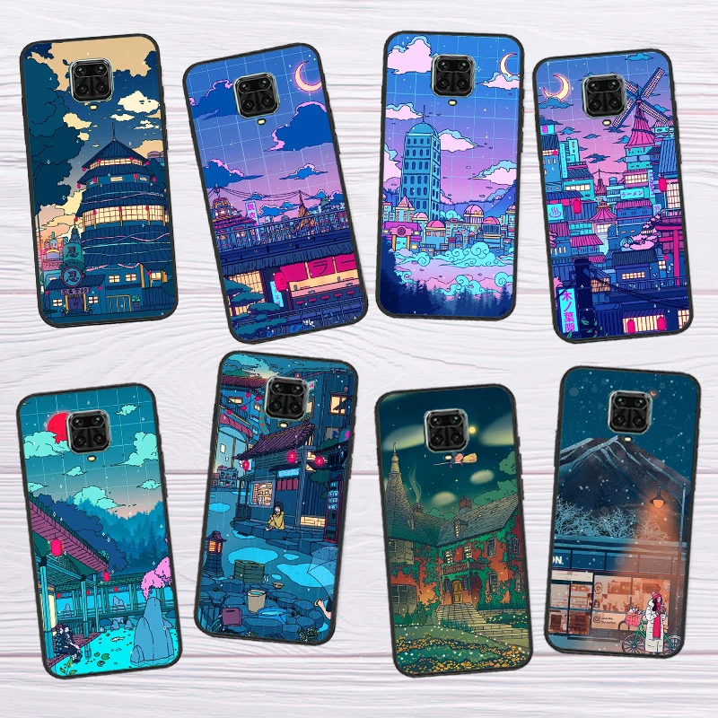 Cyberpunk  Village Neon Anime Funda For Xiaomi Redmi Note 12 Pro 12S 11 Pro 11S 8 9 10 Pro 10S 9S Redmi 12C 9C 10C Case