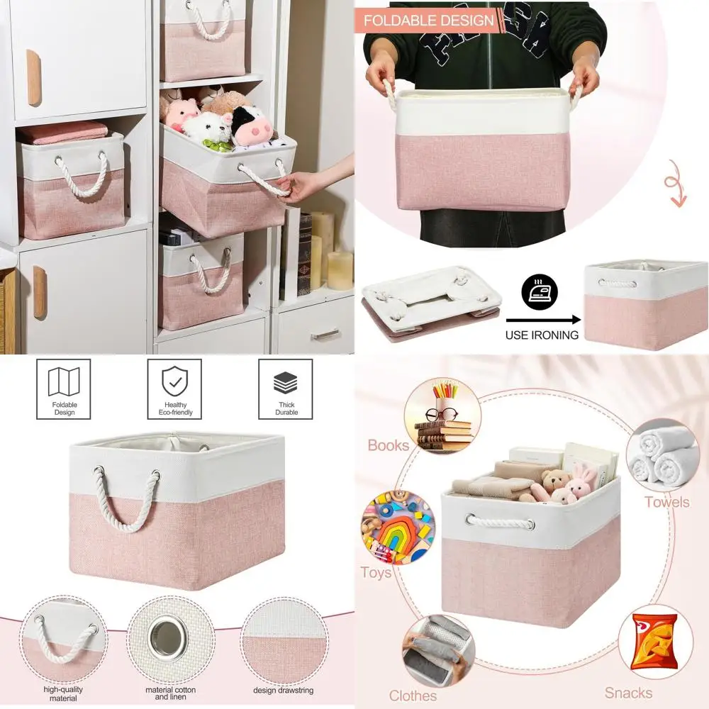 

Pink & White Large Collapsible Fabric Storage Baskets with Handles for Organizing Shelves, Toys, and Clothes (16 x 12 x 10 Inche