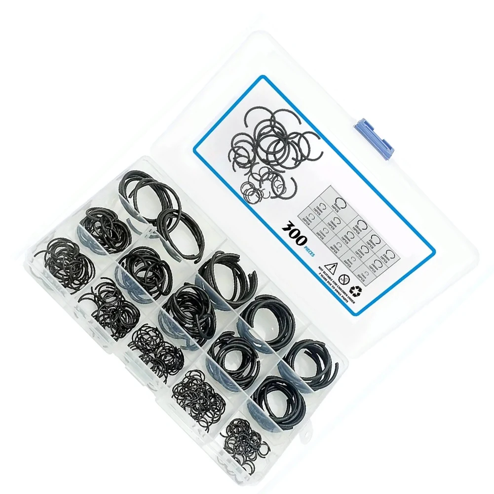 300Pcs Metric 7-30mm Round Wire C-Clips Internal Snap- Rings Assortment Kit Retaining Clip For Hole Black Steel